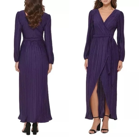 NWT GUESS Pleated Woven Faux-Wrap V-Neck Evening Maxi Dress Purple Sz 0 - Picture 1 of 8